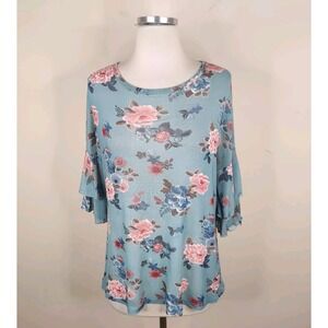 Bobeau Floral Top Mesh Stretch Knit Bell Sleeve Sheer